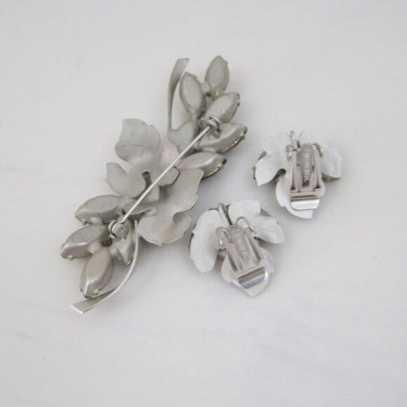 Vintage Brooch Earrings 50s 60s Rhinestone Art Glass Continental Green silver - Picture 5 of 6